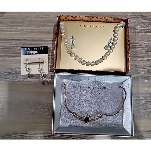 Charter Club Jewelry - Charter Club & Nine West 2 Necklaces Ruby Pearl & 2 Earrings Pearl‎ Crystal New
